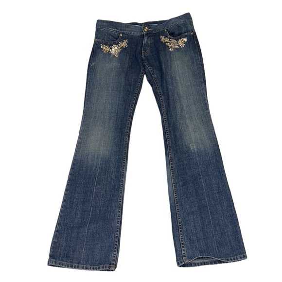 Escada Vintage Y2K Embellished Rhinestone Low Rise Flared Distressed Jeans - 8 - Picture 14 of 14